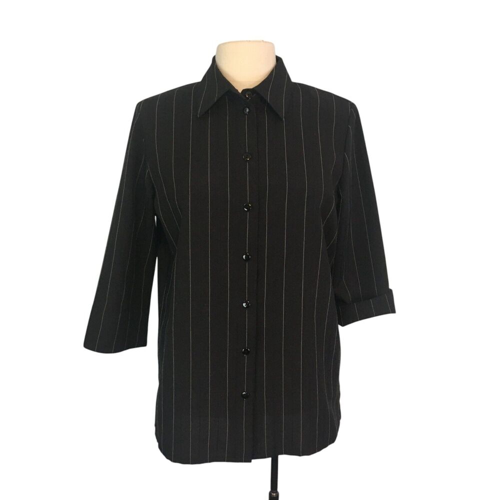 Allison Daley Vintage Womens Black‎ White Pin Striped Blouse, Shirt 10, 40 bust